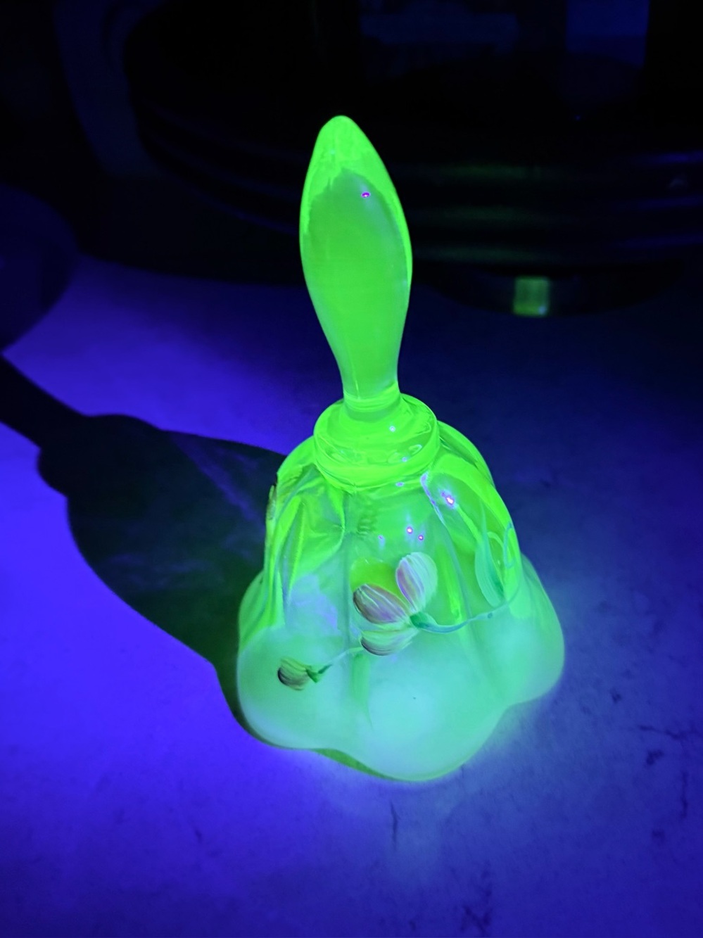 Uranium Fenton Hand Painted Light Green Floral Art Glass Bell - Picture 4 of 15
